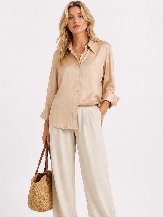 Topshop Tops - Topshop Silky Button-Down Shirt in Champagne Beige